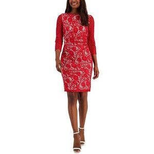Kasper Women's Lace 3/4 Ruffle Sleeves Sheath Dress formal Chic Red/Cream XS